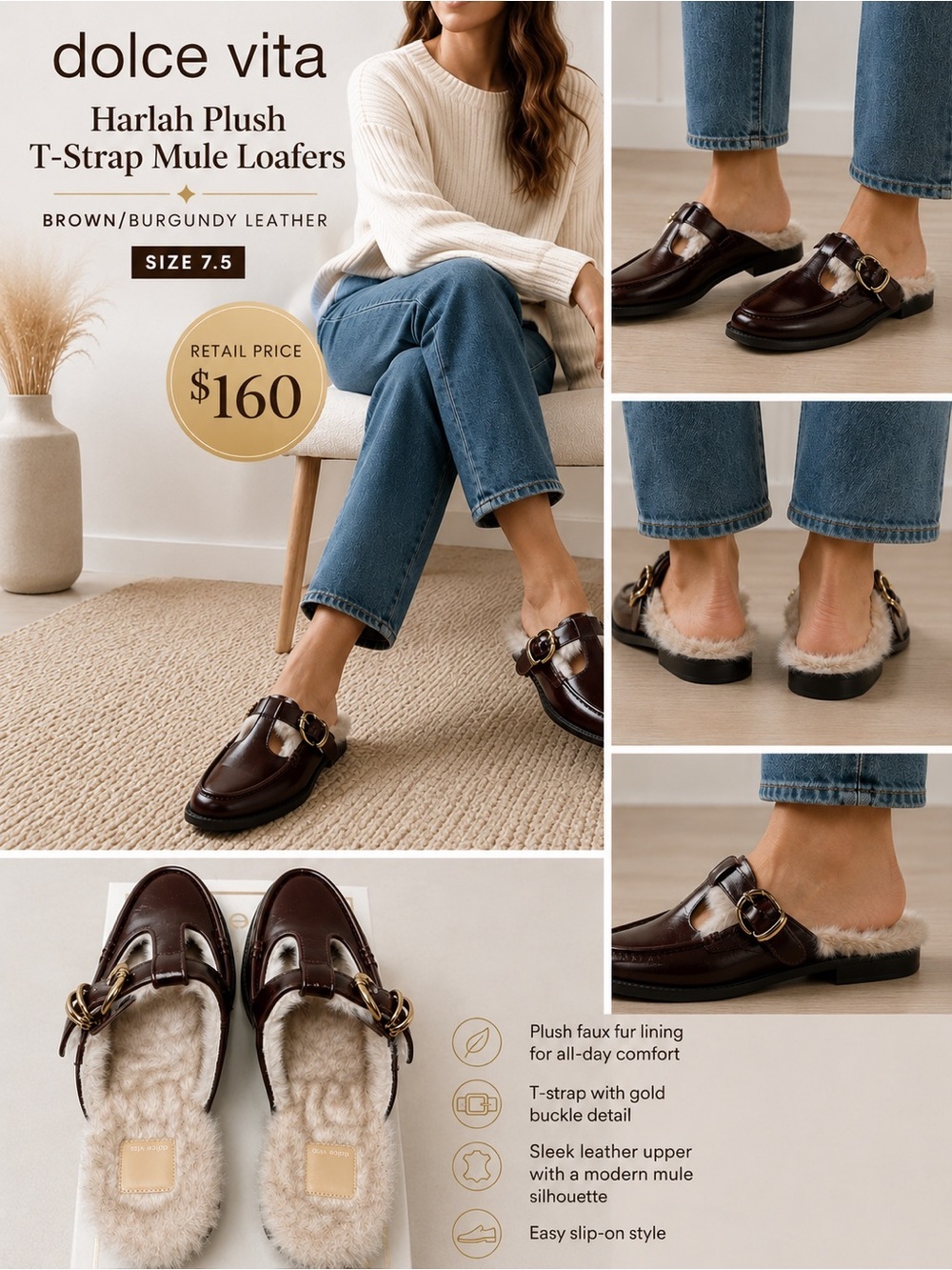 Dolce Vita Brown/Burgundy Plush T‑Strap leather Mule Loafers Size 7.5 NIB